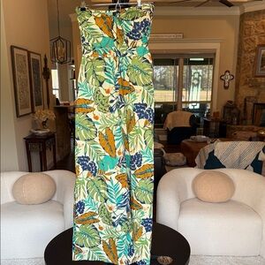 Aakaa Strapless Tropical Leaf Jumpsuit in Green, Teal & Orange